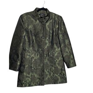 Louben Womens Green Black Floral Jacquard Wool Blend Coat Size 8 Made in Canada